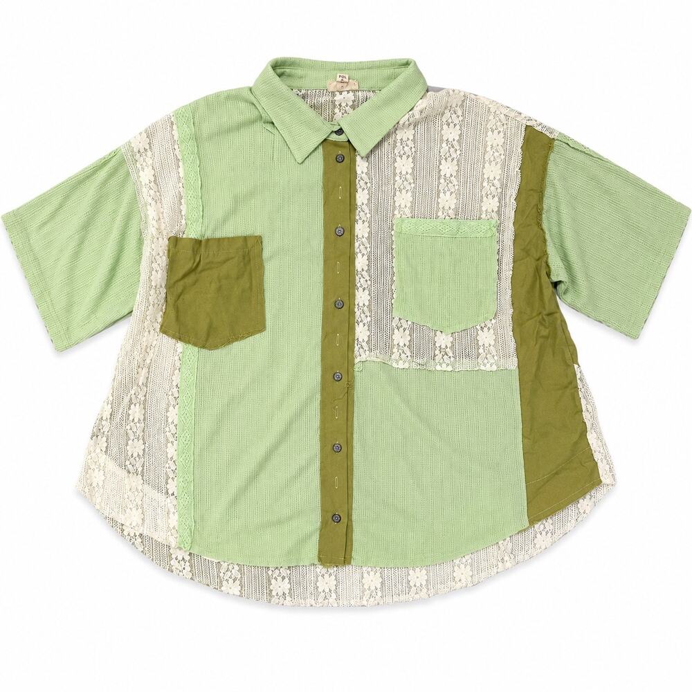 POL Women’s Small Mint Green Lace Patchwork Button Down Oversized Boho Shirt